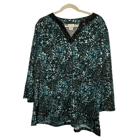 Jaclyn Smith Ladies Sequin Accented Flowy Sleek Blue White V Neck Blouse SZ XXL - Picture 2 of 7